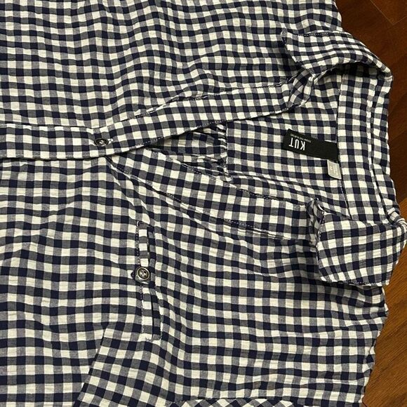Kut from the Kloth women's button up navy gingham print v-neck long sleeve shirt - Picture 3 of 7